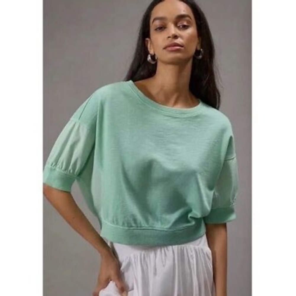 Pilcro Anthropologie Mint Green Cropped Short Sleeve Sweatshirt XXS NWT